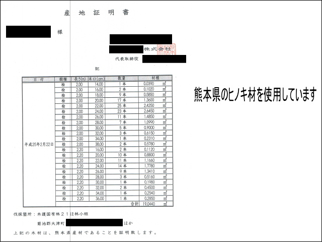 木材の「産地証明書」です。熊本県産のヒノキを使用しております